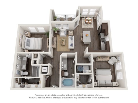 Floor plan for 2 beds, 2 baths, 1040 sqft